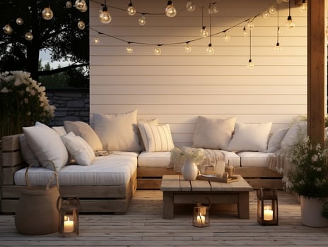 Outdoor living area with couches and lanterns AI Generative photo