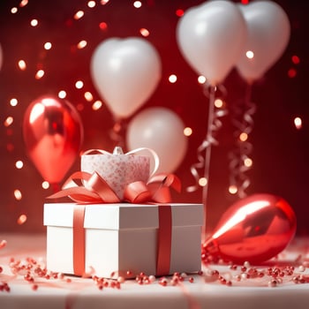Happy valentine's day concept with red gift box and heart  shaped balloons romantic banner love concept by AI Generated photo