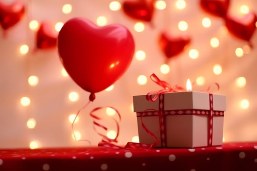 Happy valentine's day concept with red gift box and heart  shaped balloons romantic banner love concept by AI Generated photo