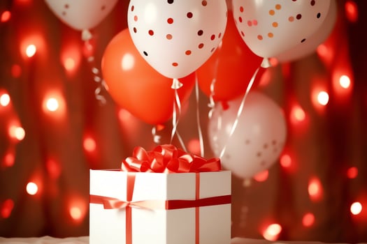Happy valentine's day concept with red gift box and heart  shaped balloons romantic banner love concept by AI Generated photo