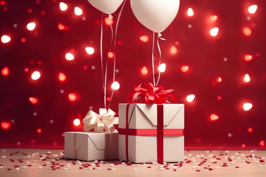 Happy valentine's day concept with red gift box and heart  shaped balloons romantic banner love concept by AI Generated photo
