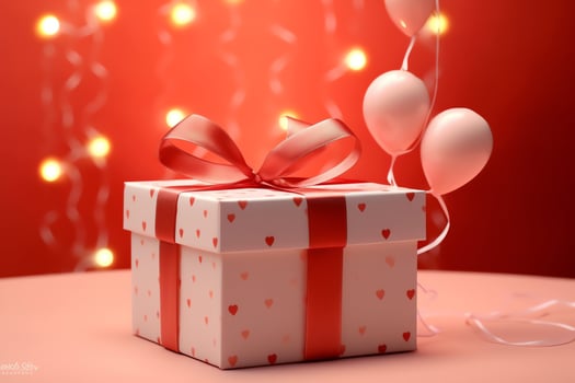 Happy valentine's day concept with red gift box and heart  shaped balloons romantic banner love concept by AI Generated photo