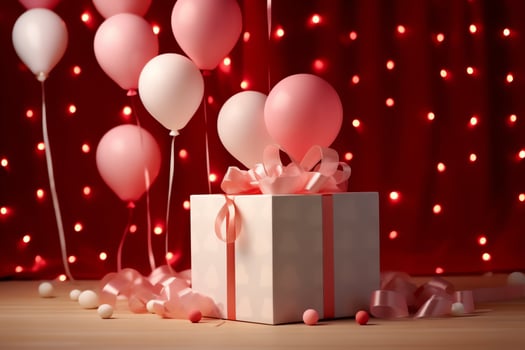 Happy valentine's day concept with red gift box and heart  shaped balloons romantic banner love concept by AI Generated photo