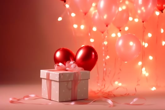 Happy valentine's day concept with red gift box and heart  shaped balloons romantic banner love concept by AI Generated photo