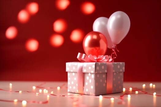 Happy valentine's day concept with red gift box and heart  shaped balloons romantic banner love concept by AI Generated photo