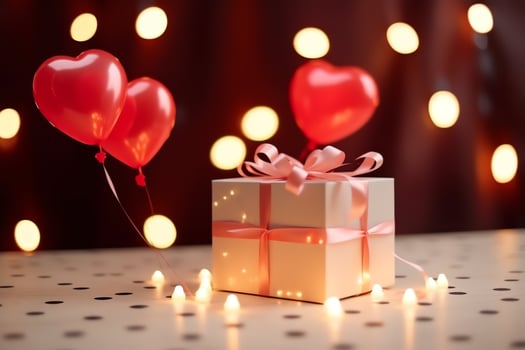 Happy valentine's day concept with red gift box and heart  shaped balloons romantic banner love concept by AI Generated photo