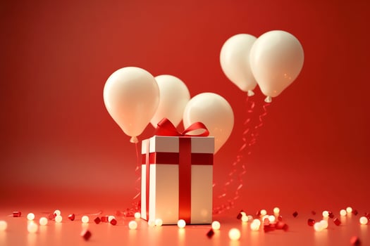 Happy valentine's day concept with red gift box and heart  shaped balloons romantic banner love concept by AI Generated photo
