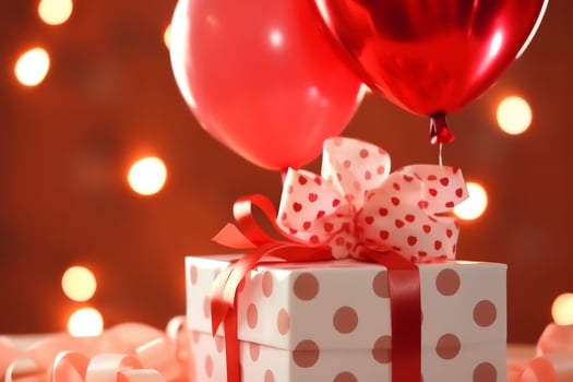 Happy valentine's day concept with red gift box and heart  shaped balloons romantic banner love concept by AI Generated photo