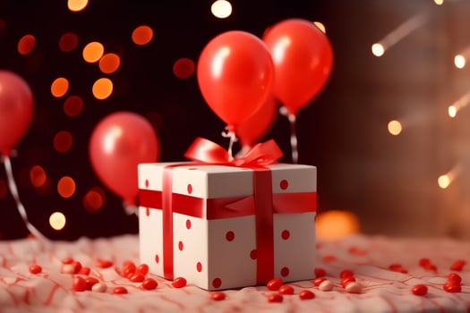 Happy valentine's day concept with red gift box and heart  shaped balloons romantic banner love concept by AI Generated photo