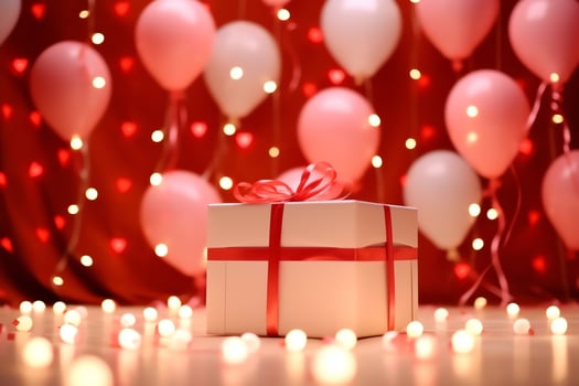 Happy valentine's day concept with red gift box and heart  shaped balloons romantic banner love concept by AI Generated photo