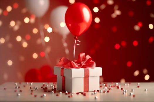 Happy valentine's day concept with red gift box and heart  shaped balloons romantic banner love concept by AI Generated photo