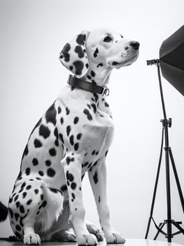Happy Dalmatian Dog Black and White Monochrome Photo in Studio Lighting