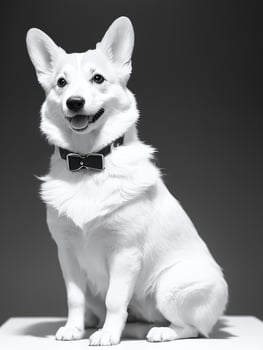 Happy Pembroke Welsh Corgi Dog Black and White Monochrome Photo in Studio Lighting