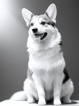 Happy Pembroke Welsh Corgi Dog Black and White Monochrome Photo in Studio Lighting