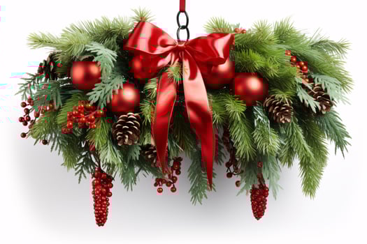 A Christmas scene of green pine twigs, red decorations, and silky ribbons on a white backdrop is displayed. photo