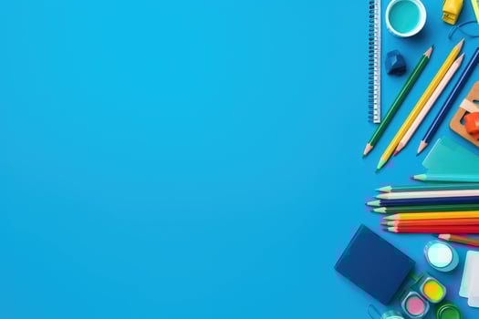 School supplies on blue background. Back to school concept. Copy space, School supplies on blue background. Top view. Copy space, AI Generated photo