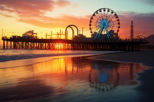 Sunset view of pier and ferris wheel in San Diego, California, Santa Monica pier at sunset, AI Generated photo