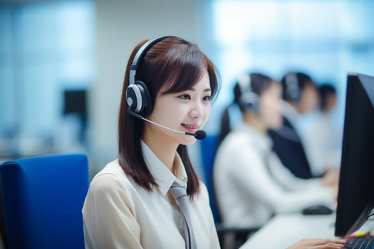 an asian people wearing a headset working in a call center photo