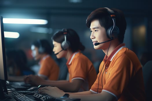 an asian people wearing a headset working in a call center photo
