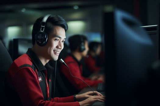 an asian people wearing a headset working in a call center photo