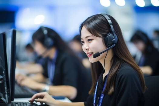 an asian people wearing a headset working in a call center photo