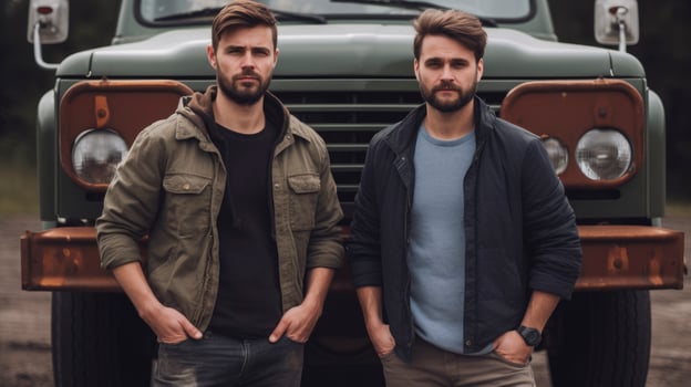 HyperRealistic photo of two men standing in front of a truck. Generative ai