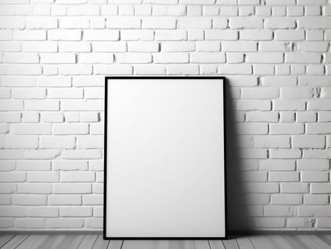 White modern brick wall with a blank photo frame mockup AI Generative