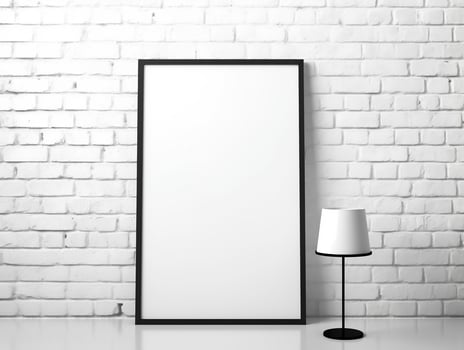 White modern brick wall with a blank photo frame mockup AI Generative