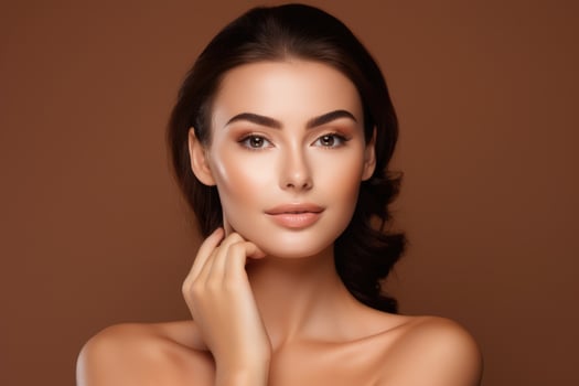 smiling woman enjoying beauty treatment on brown background. AI Generated photo