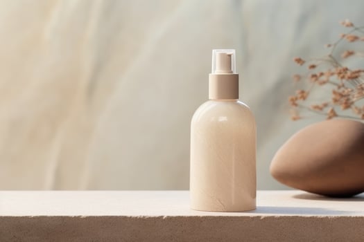 glass Cosmetic bottle on stone podium beige background with copy space. AI Generated photo