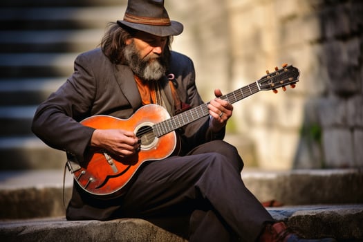 A street musician playing a song on the road. AI generative photo