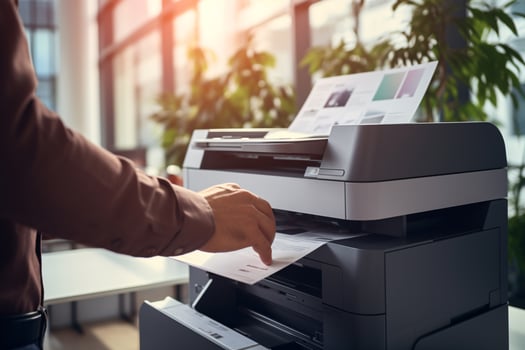Businessman print paper on a multifunction laser printer in business office. Document and paperwork. Secretary work. Copy, print, scan, and fax machine. Print technology. Photocopy. Generative AI. photo