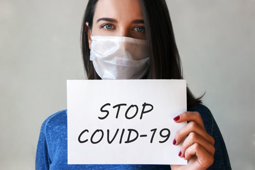 A young woman in a medical mask with a paper in her hand with the inscription STOP COVID-19 . photo