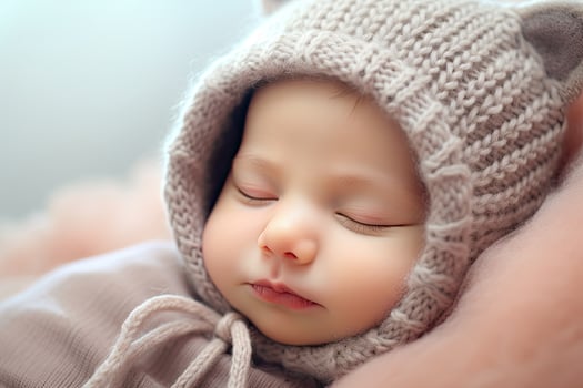 Sleeping newborn baby in a knitted hat, close-up, sleeping newborn baby, AI Generated photo