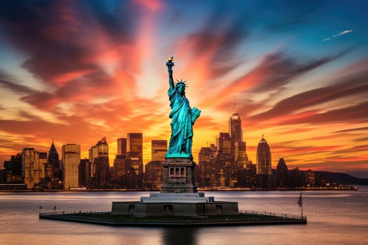 Statue of Liberty and New York City Manhattan skyline at sunset, USA, Statue Liberty and New York city skyline at sunset, AI Generated photo