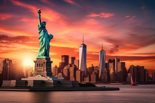 Statue of Liberty and Manhattan skyline at sunset, New York City, Statue Liberty and New York city skyline at sunset, AI Generated photo