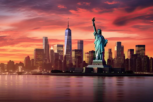 Statue of Liberty and New York City skyline at sunset, USA, Statue Liberty and New York city skyline at sunset, AI Generated photo