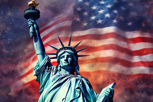 Statue of Liberty with American flag in the background, USA, Statue of Liberty and fireworks on the background of the American flag, AI Generated photo