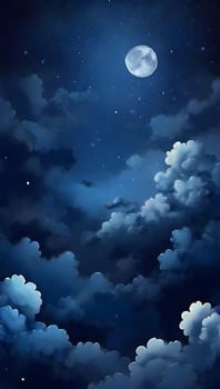 Indigo blue light 3d layered gradient mystical sky with clouds and stars phone background wallpaper, ai generated photo
