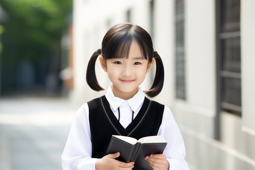 AI generated a little girl in school uniform holding a book photo