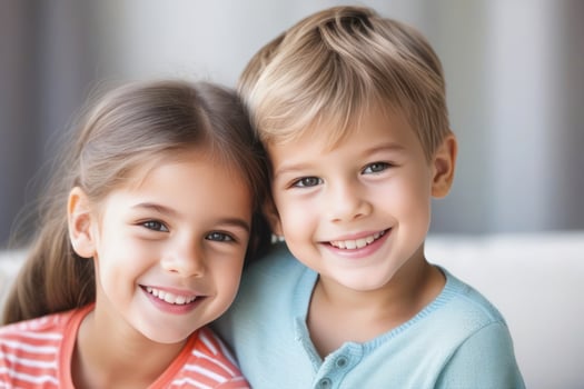 Happy young kids boy and girl smiling. Concept of children's friendship, happiness, family, kindness. photo