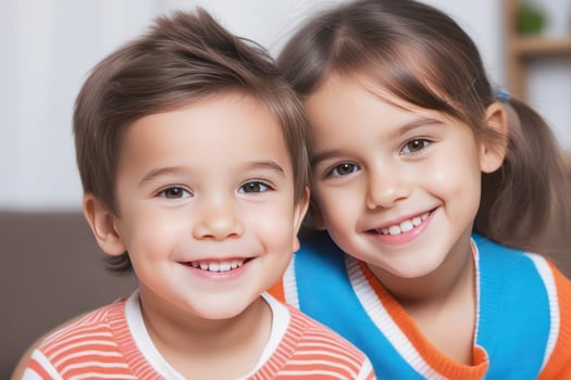 Happy young kids boy and girl smiling. Concept of children's friendship, happiness, family, kindness. photo