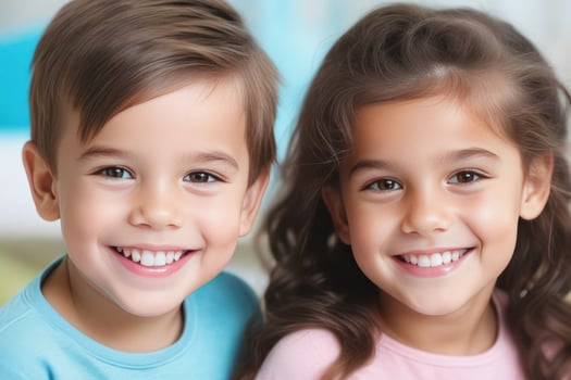 Happy young kids boy and girl smiling. Concept of children's friendship, happiness, family, kindness. photo