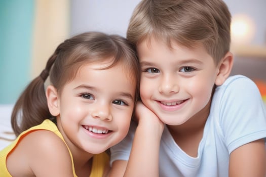 Happy young kids boy and girl smiling. Concept of children's friendship, happiness, family, kindness. photo