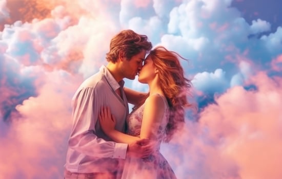 AI generated Love Among the Clouds - Young Couple's Tender Hugs and Kisses - Generative AI photo