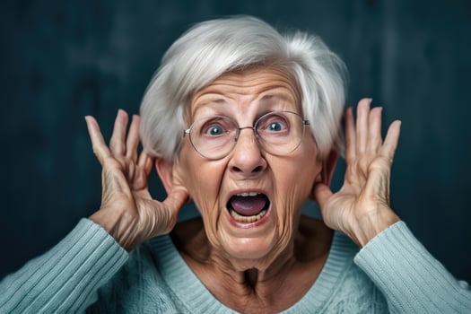 AI generated Senior Audiology - Gray-Haired Lady Dealing with Hearing Impairment - Generative AI photo