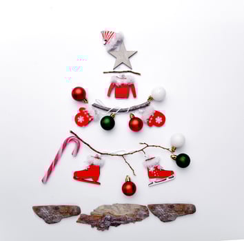 Christmas decoration of toys in the form of a Christmas tree. top view photo