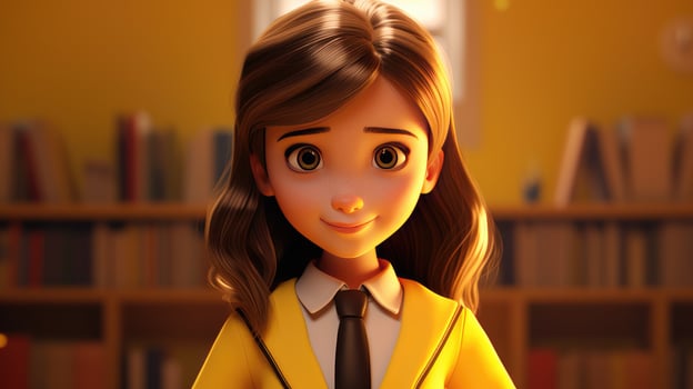 AI generated cute little girl in school uniform with yellow background, Back to School Concept photo