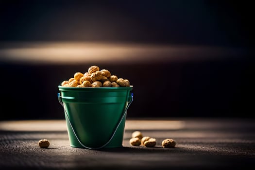 AI generated a bucket filled with peanuts on a table photo