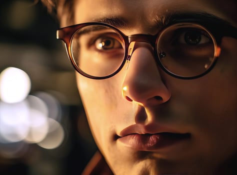 AI generated A young man looks through glasses. AI generated. photo